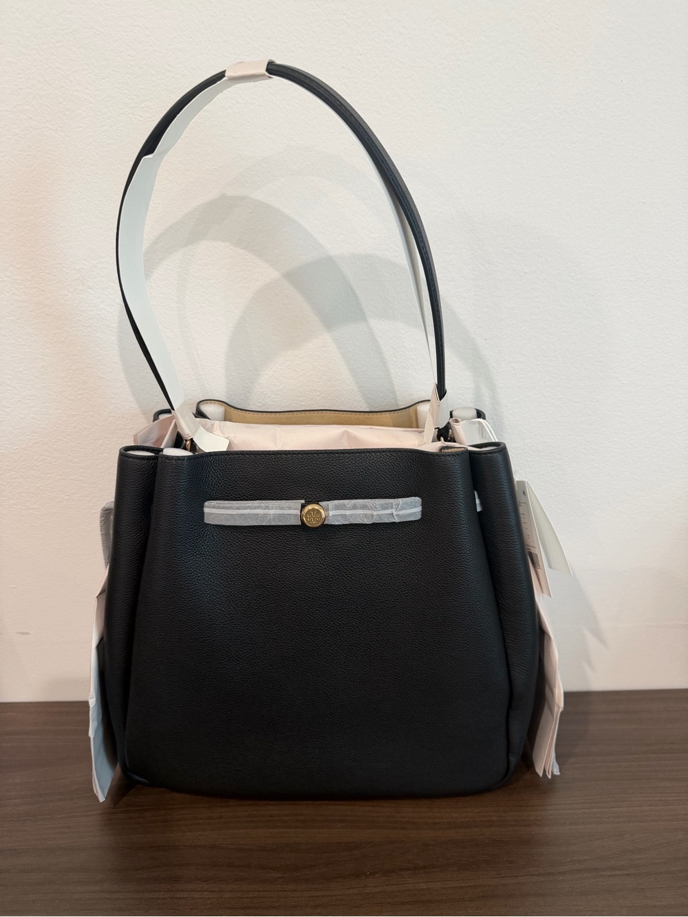 Tory Burch Black Pebbled Leather Shoulder Bag with Gold Accent